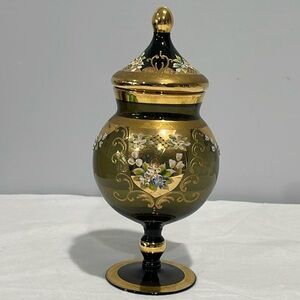 Vintage MCM Moser Czech Bohemian Green Glass Enameled Flowers Lidded Candy jar